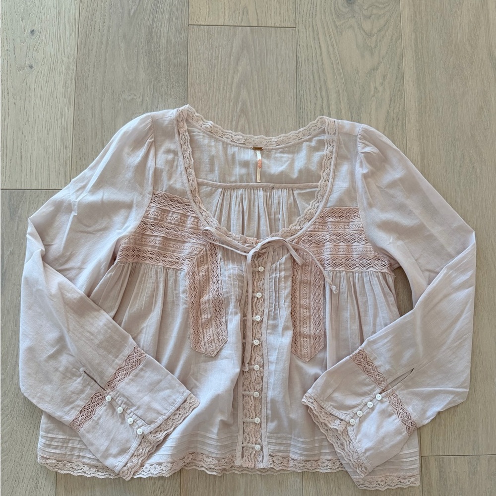Free People Lace Trim Blouse in Light Pink